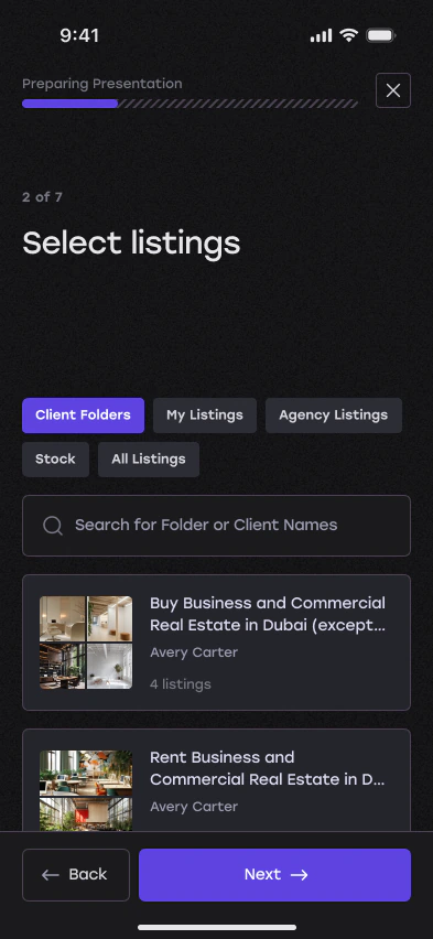 Step 2: select listings from client folders, own listings or agency stock