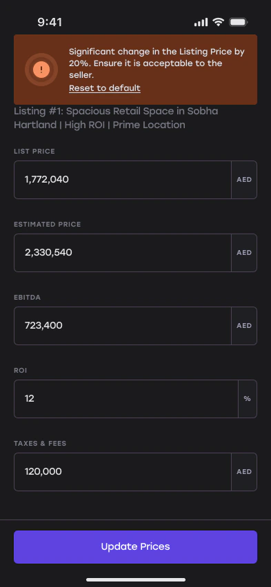 Editing prices, with a warning when the price changes a lot
