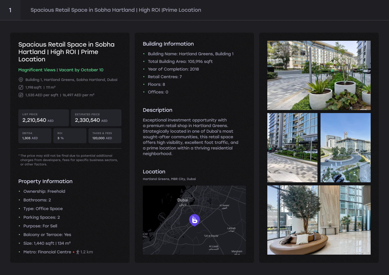 Listing slide of a finished client deck: price, building information, description, location and photos