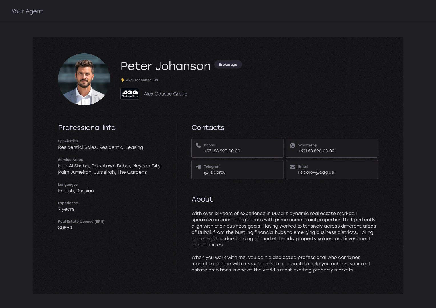 The agent’s profile and contacts