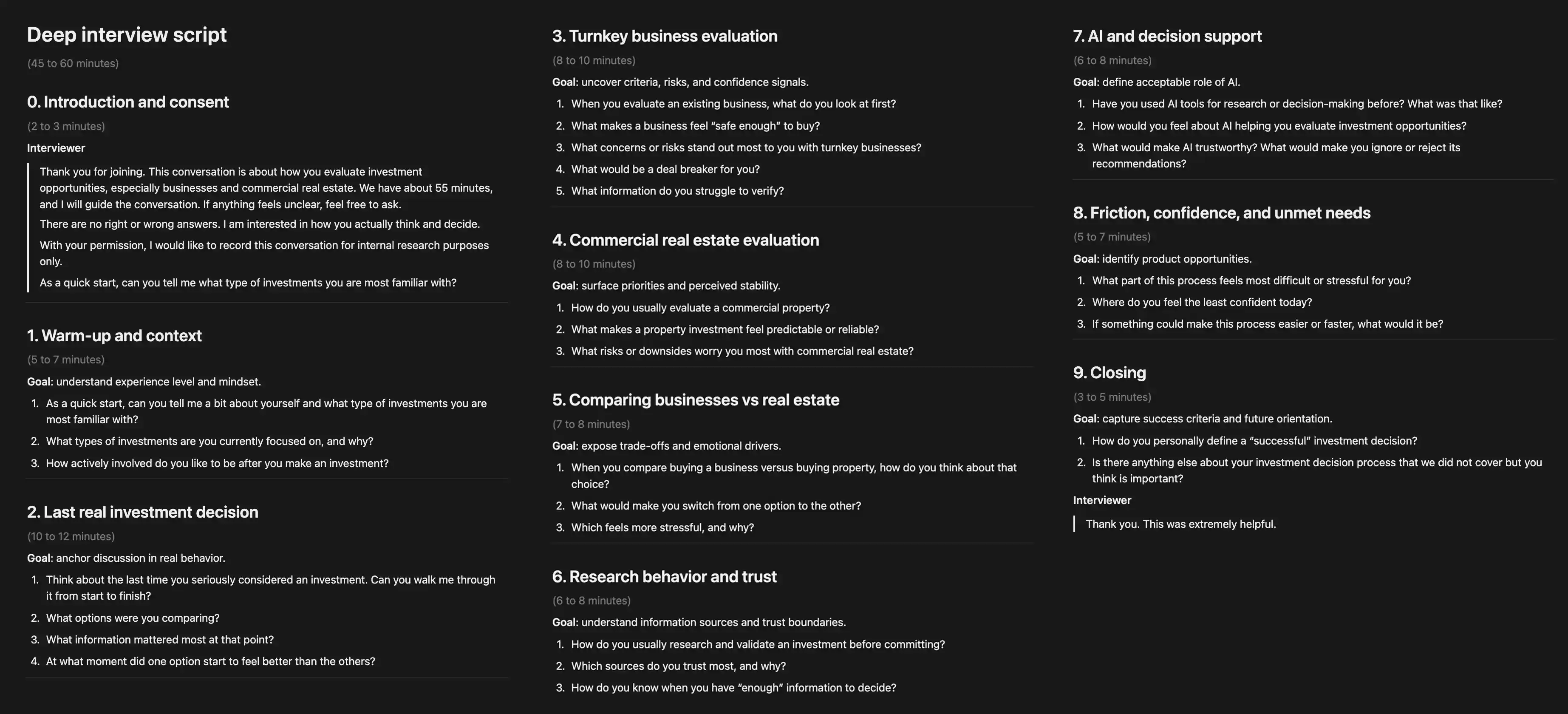 Deep interview script: nine sections, 45 to 60 minutes