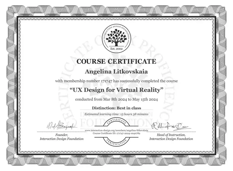 Certificate: UX Design for Virtual Reality