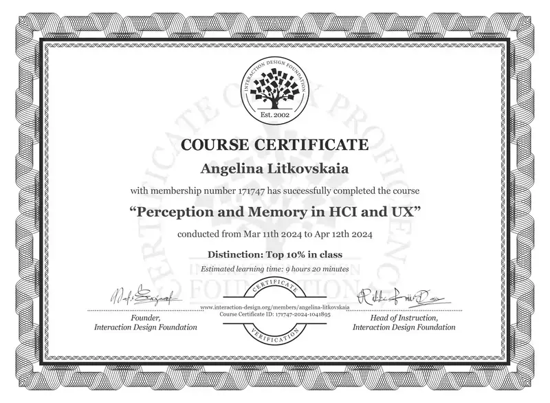 Certificate: Perception and Memory in HCI and UX