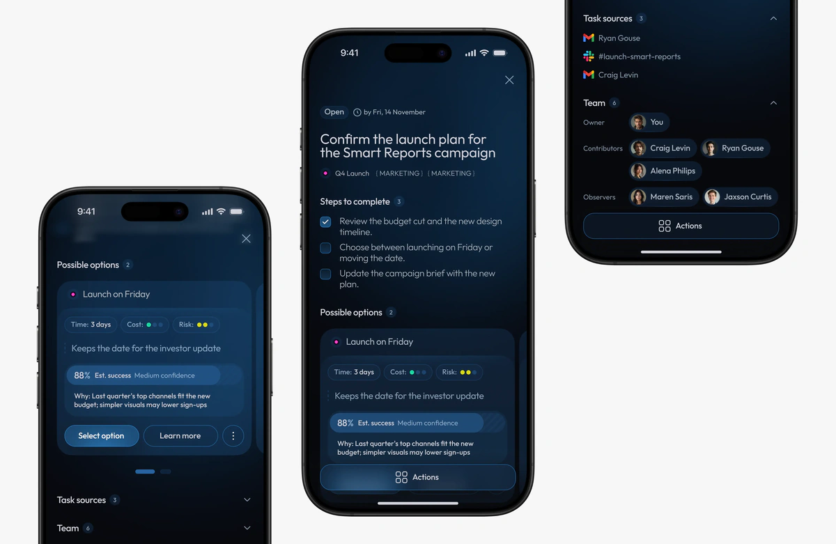 Three phone screens of one decision: options, steps to complete, task sources and team