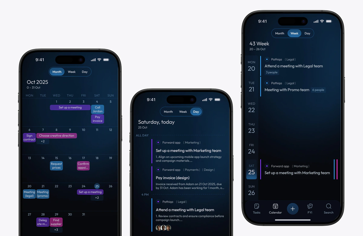Three calendar screens: month, week and day views
