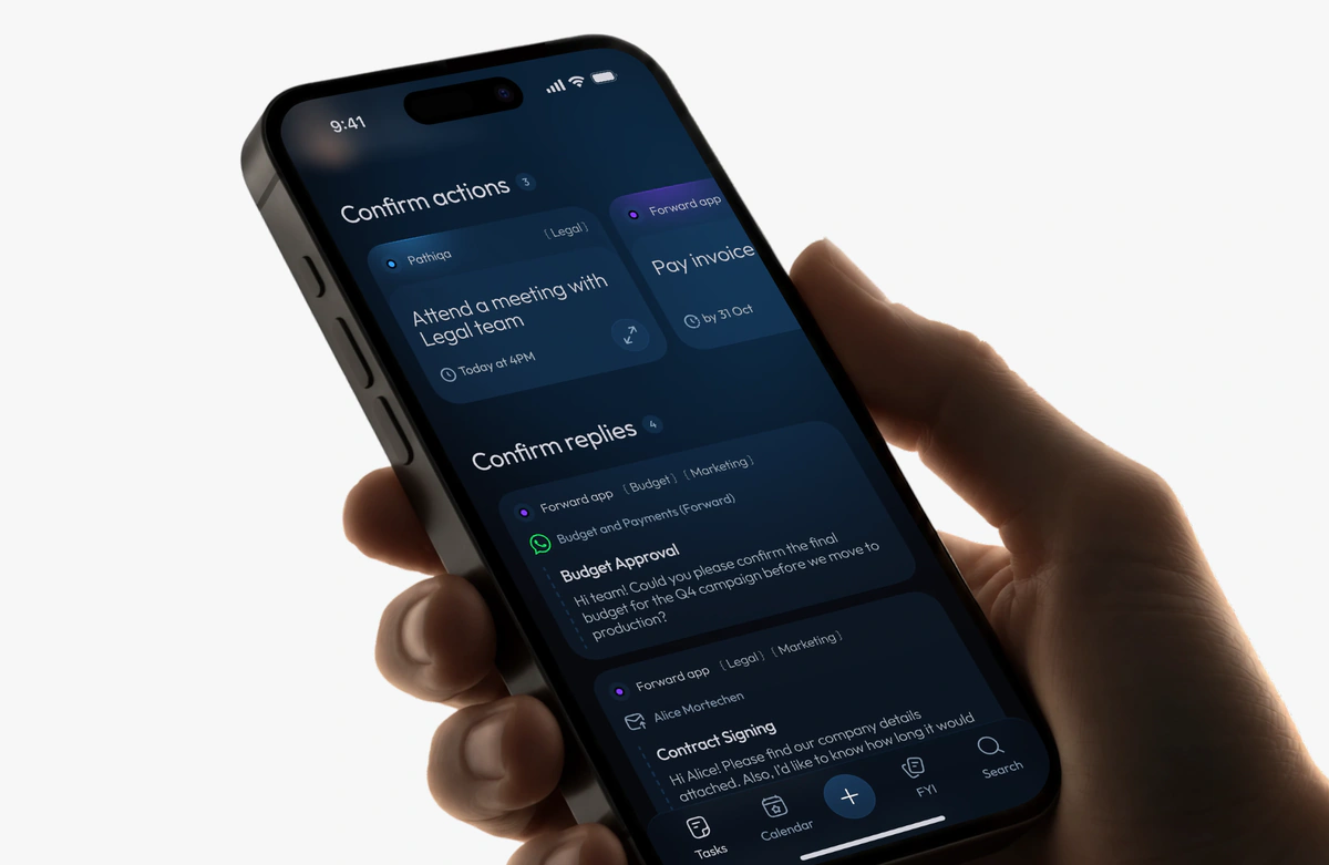 Main screen: a carousel of actions and a list of drafted replies