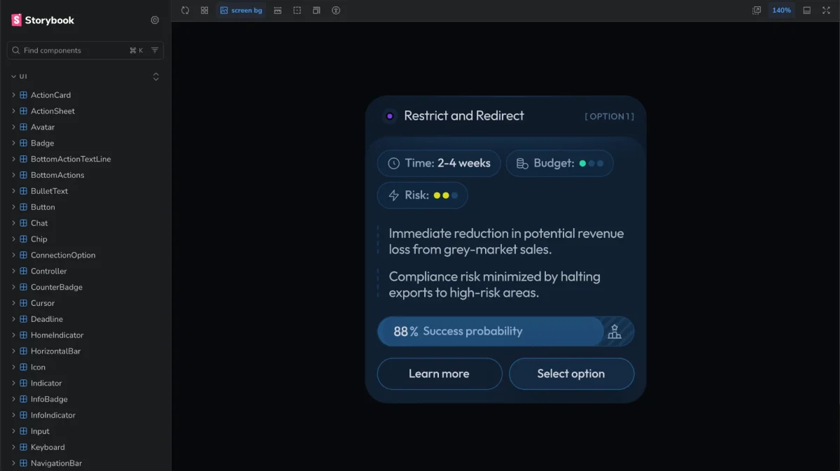 Storybook: the option card component with the list of UI components