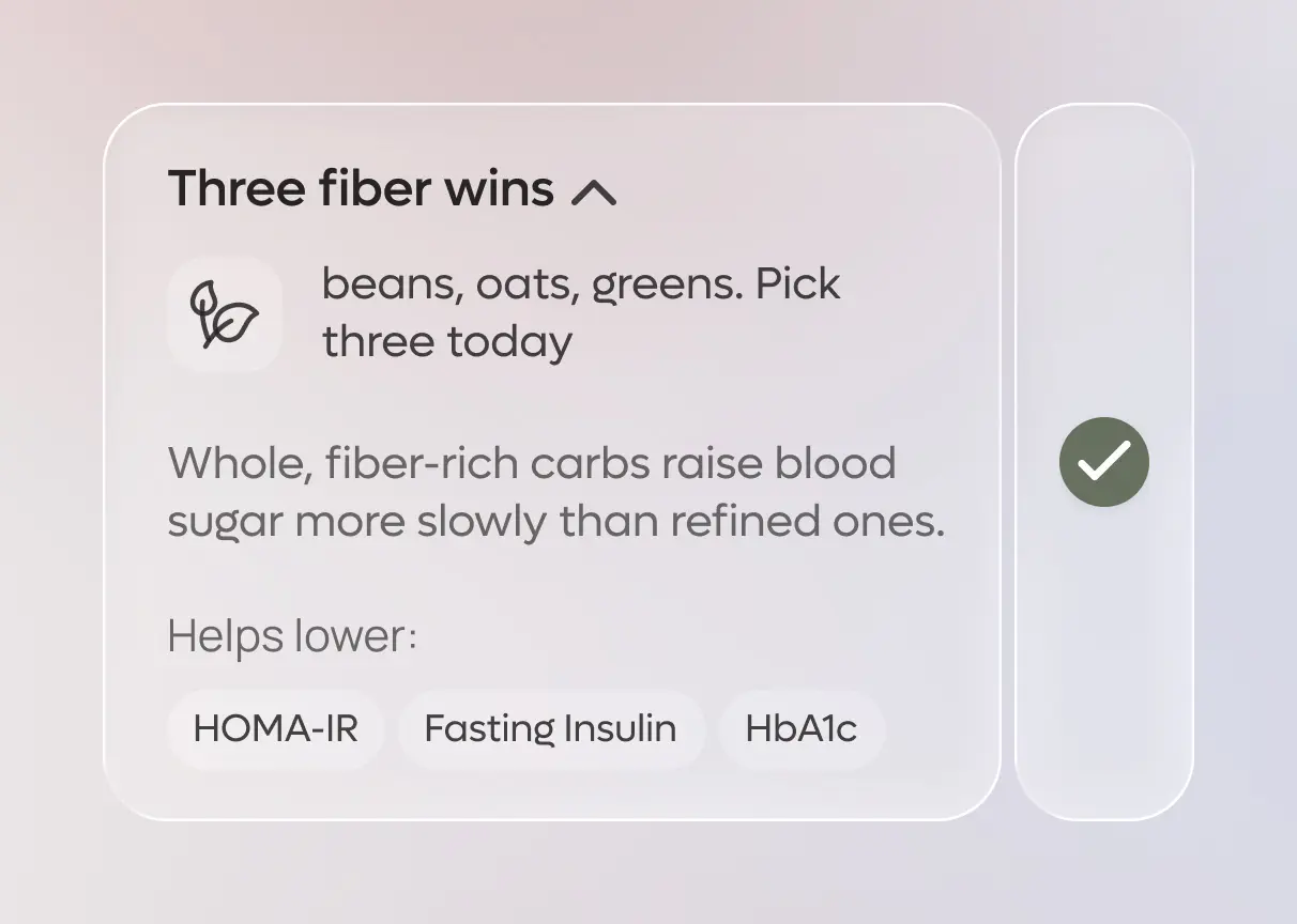 A daily Build card, expanded: three fibre wins, the reason in plain words and the markers it helps lower